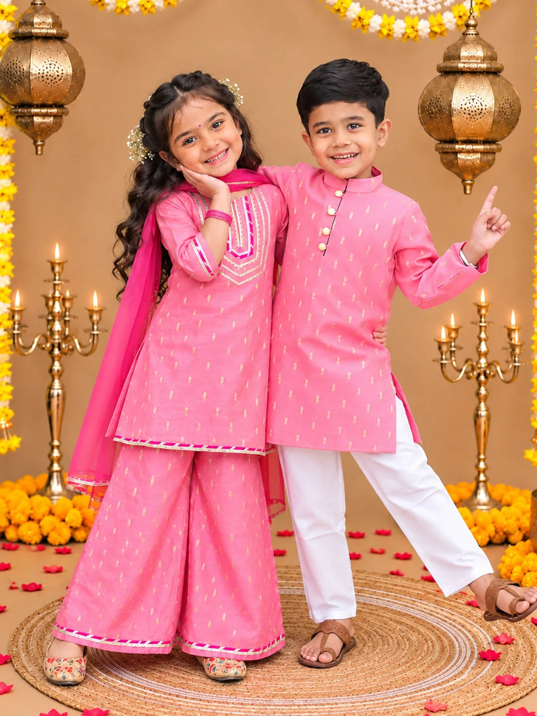 BownBee Festive Chanderi Kurta Pajama & Ethnic Suit with Dupatta Sibling Set