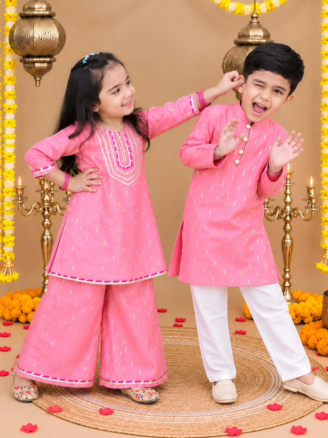 BownBee Festive Chanderi Kurta Pajama & Ethnic Suit with Dupatta Sibling Set