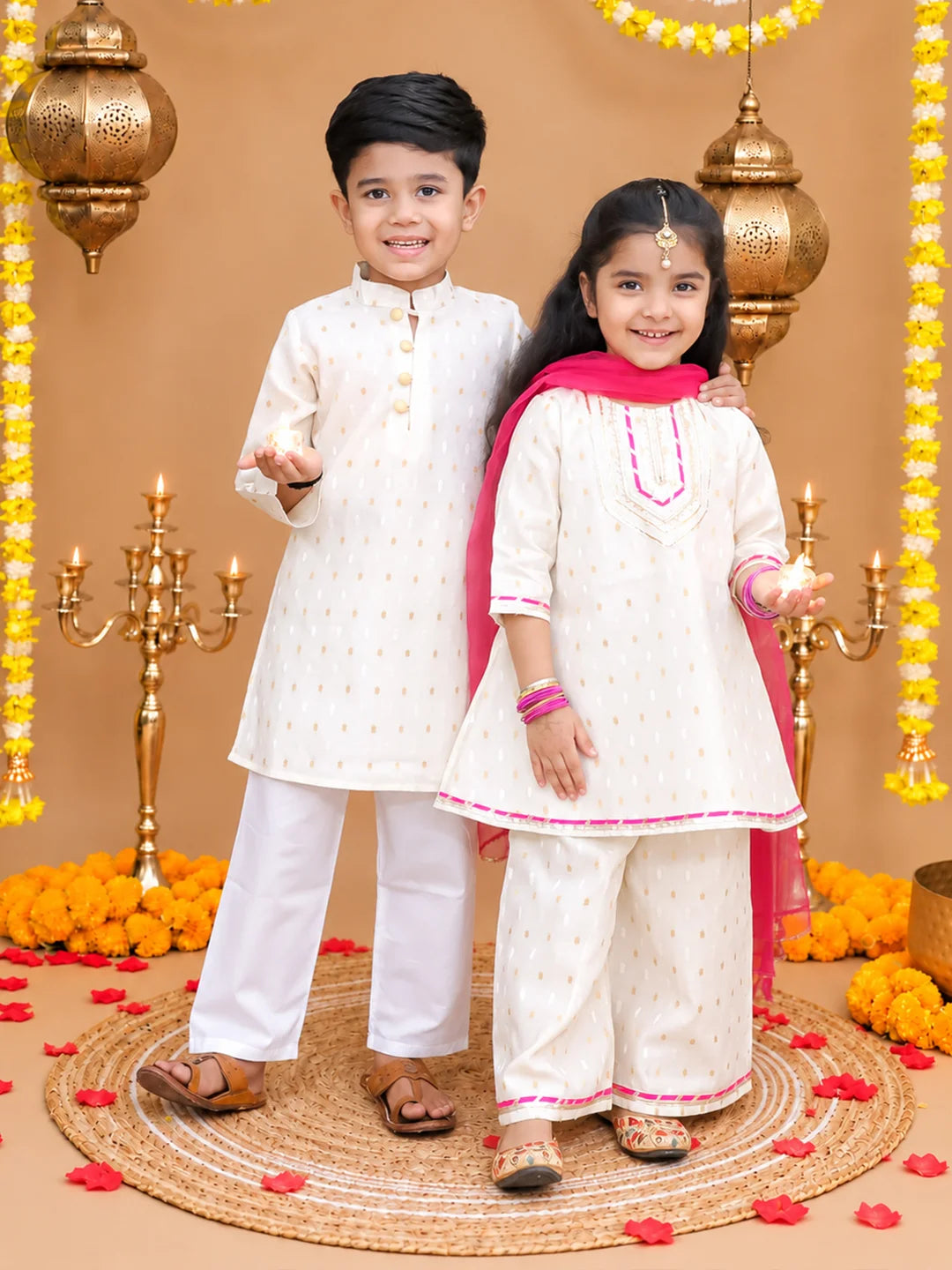 BownBee Festive Chanderi Kurta Pajama & Ethnic Suit with Dupatta Sibling Set