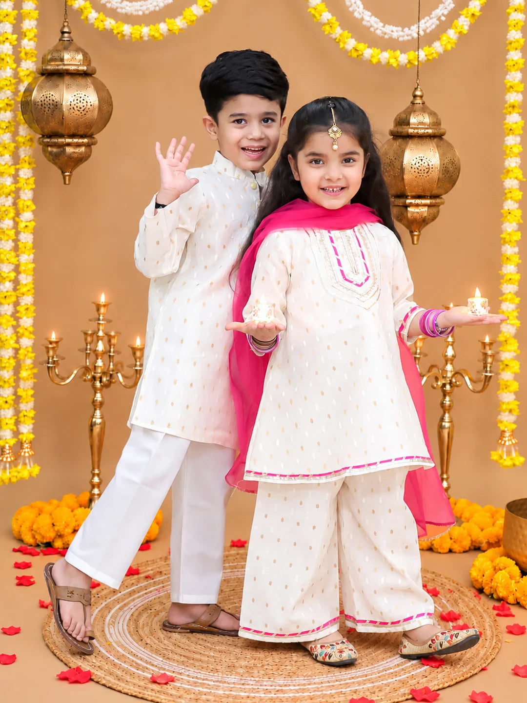 BownBee Festive Chanderi Kurta Pajama & Ethnic Suit with Dupatta Sibling Set