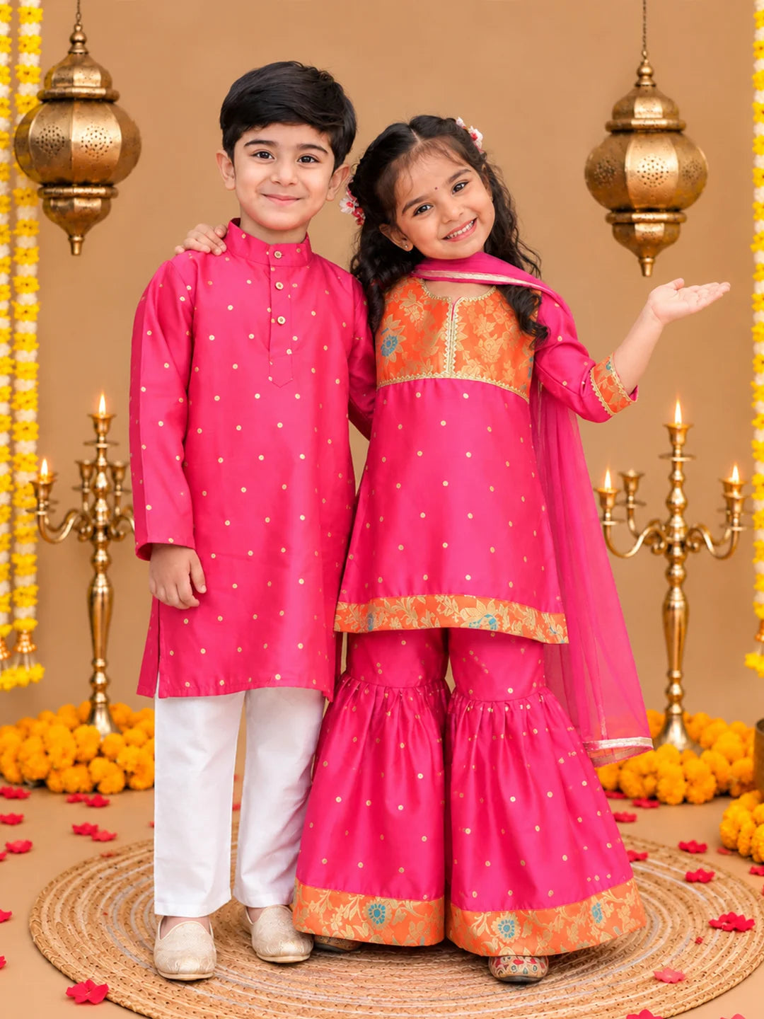 Bownbee Festive Taffeta Kurta Pajama & Ethnic Suit with Dupatta Sibling Set