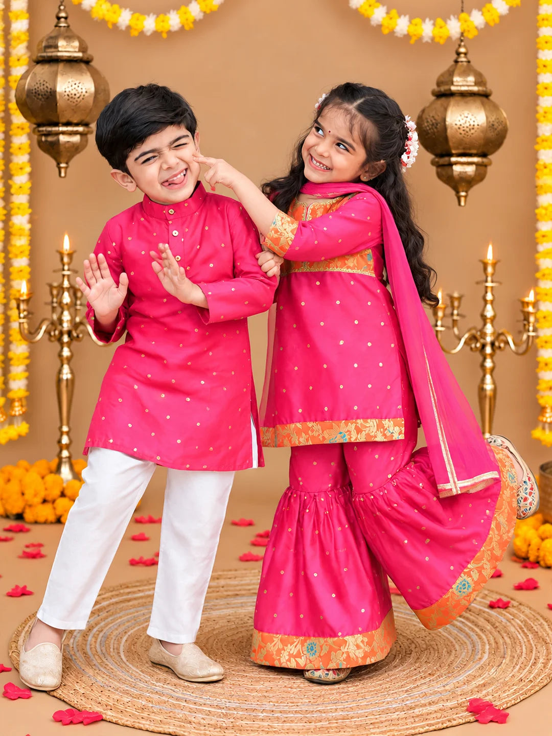 Bownbee Festive Taffeta Kurta Pajama & Ethnic Suit with Dupatta Sibling Set