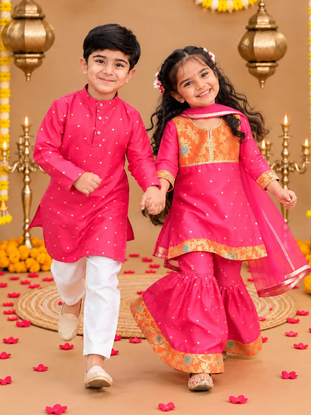 Bownbee Festive Taffeta Kurta Pajama & Ethnic Suit with Dupatta Sibling Set