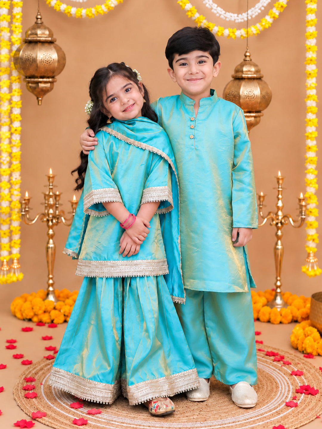 Bownbee Festive Two Toned Kurta Pajama & Ethnic Suit With Dupatta Sibling Set