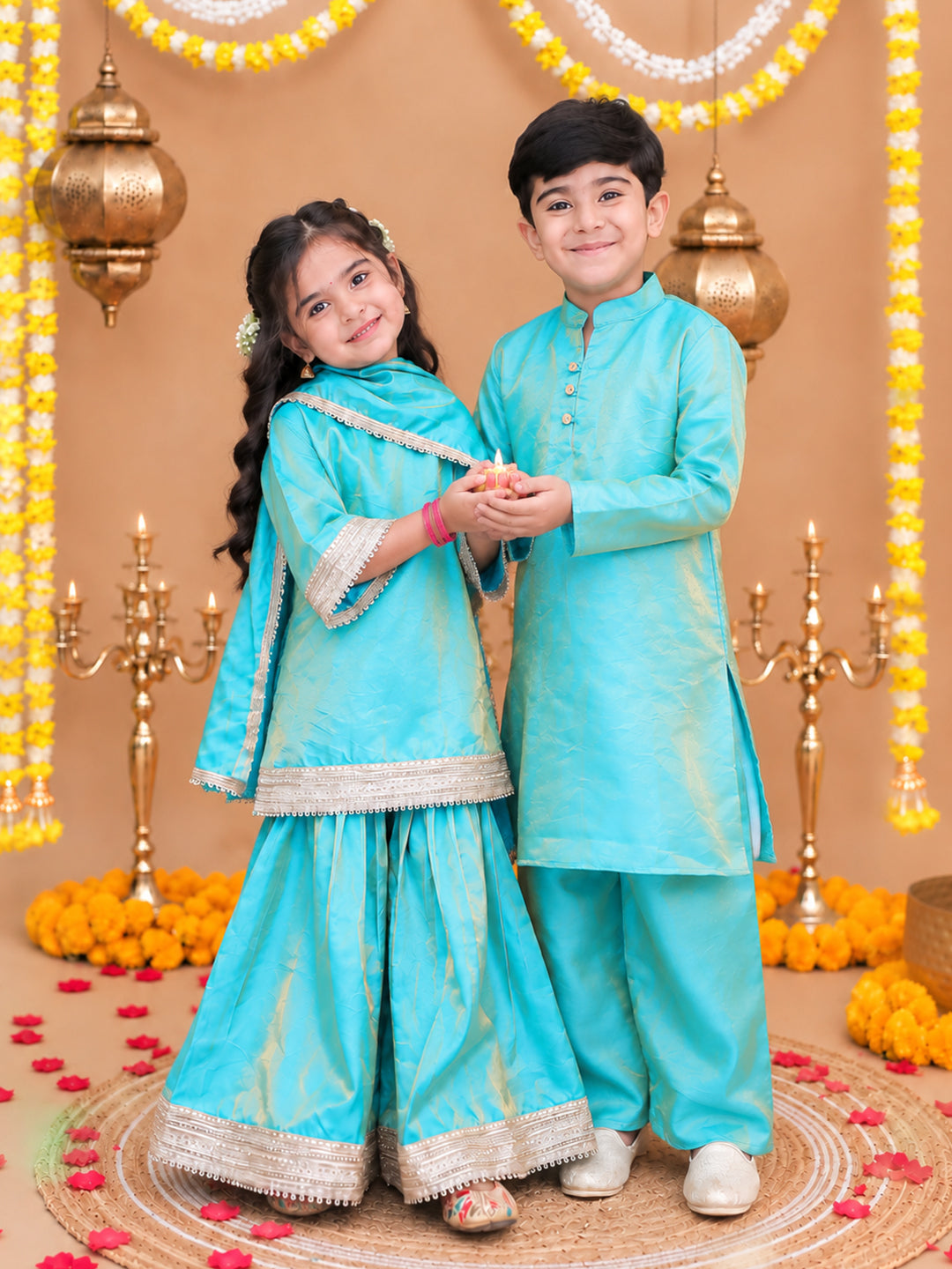 Bownbee Festive Two Toned Kurta Pajama & Ethnic Suit With Dupatta Sibling Set