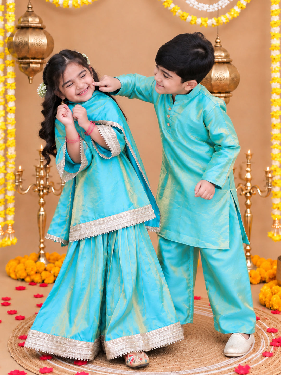 Bownbee Festive Two Toned Kurta Pajama & Ethnic Suit With Dupatta Sibling Set