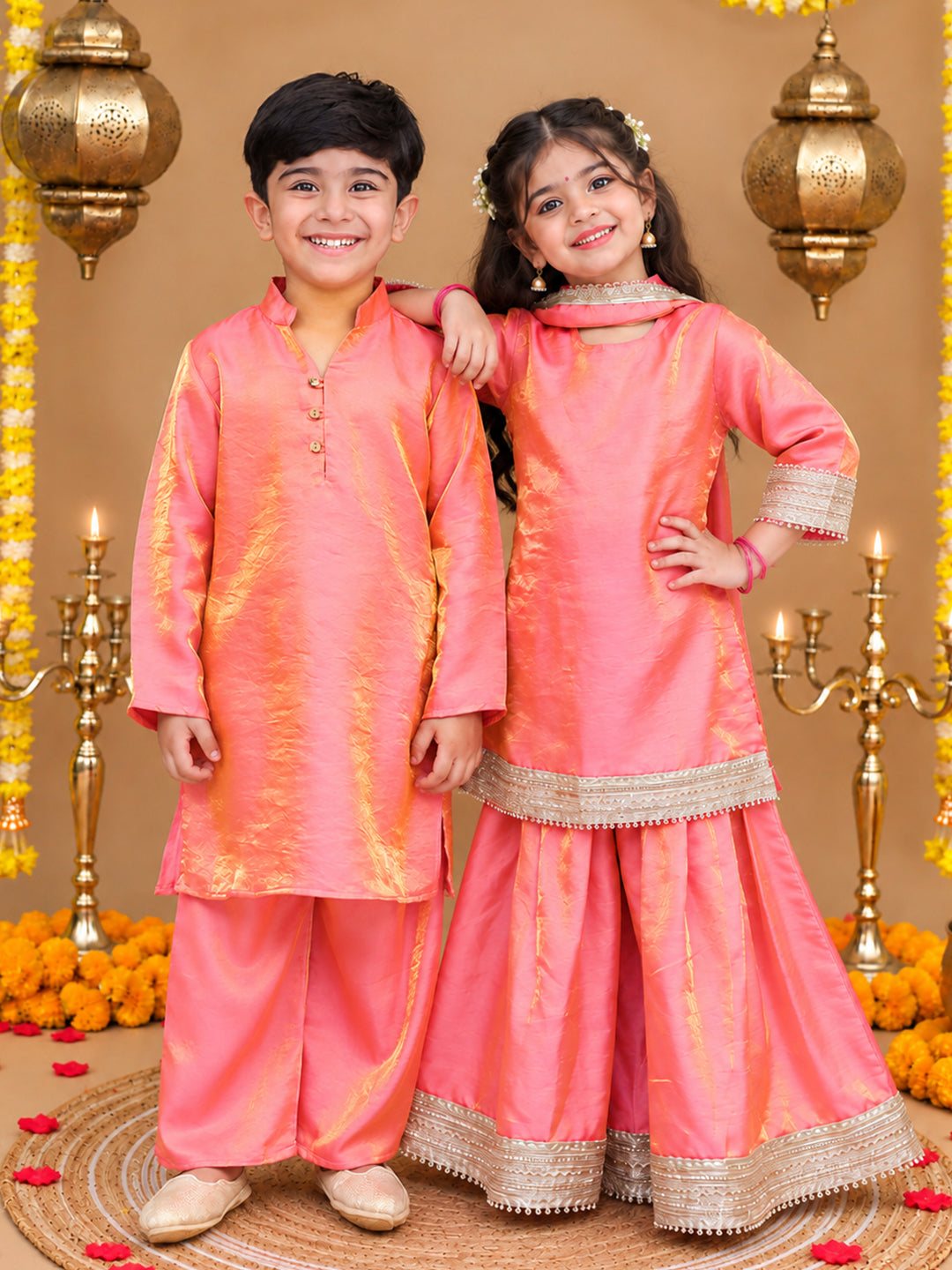 Bownbee Festive Two Toned Kurta Pajama & Ethnic Suit With Dupatta Sibling Set