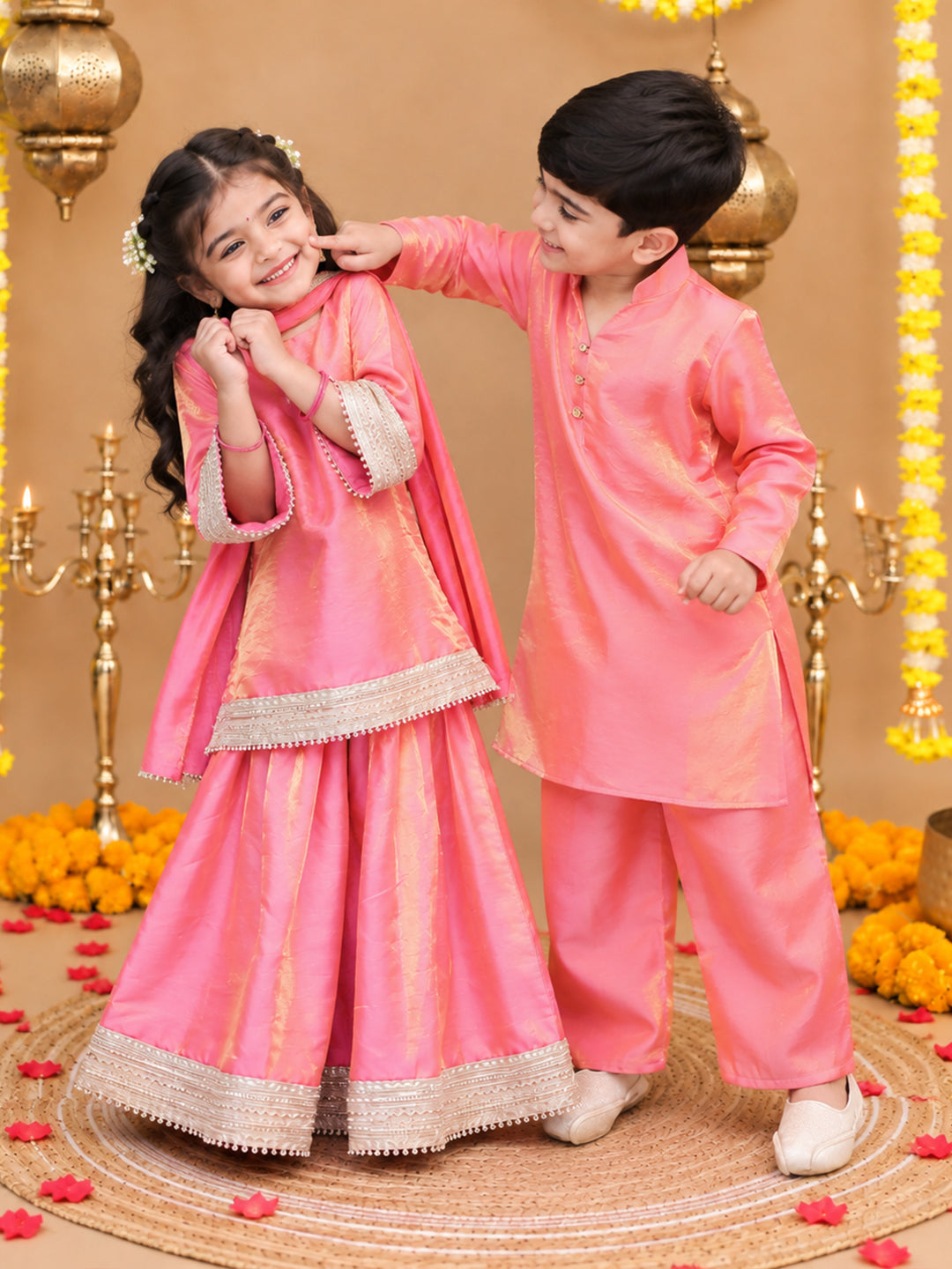 Bownbee Festive Two Toned Kurta Pajama & Ethnic Suit With Dupatta Sibling Set