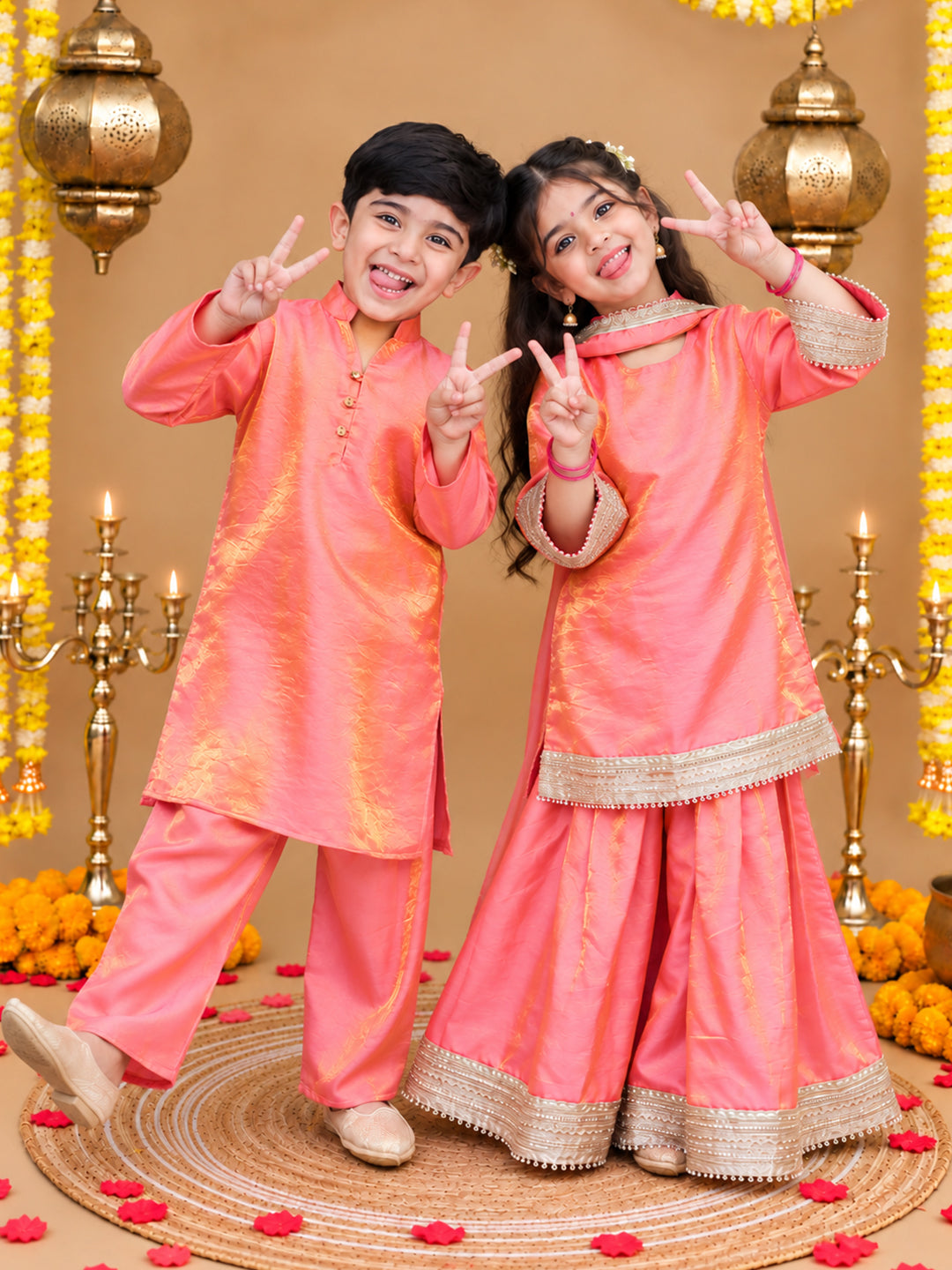 Bownbee Festive Two Toned Kurta Pajama & Ethnic Suit With Dupatta Sibling Set