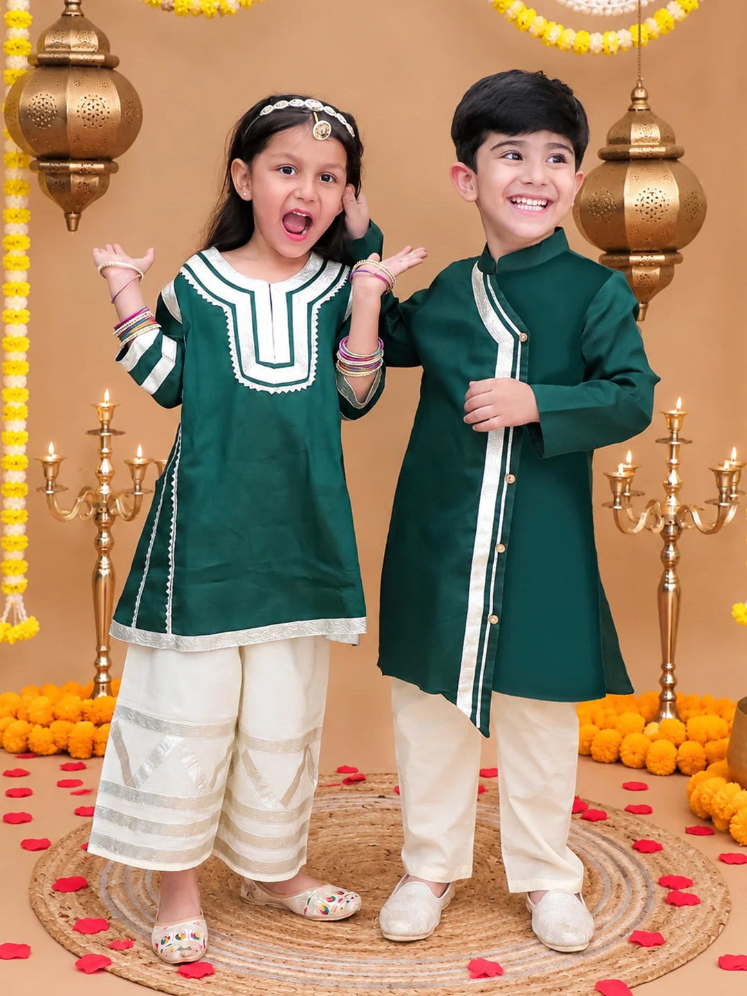 Bownbee Festive Cotton Kurta Pajama & Ethnic Suit Sibling Set
