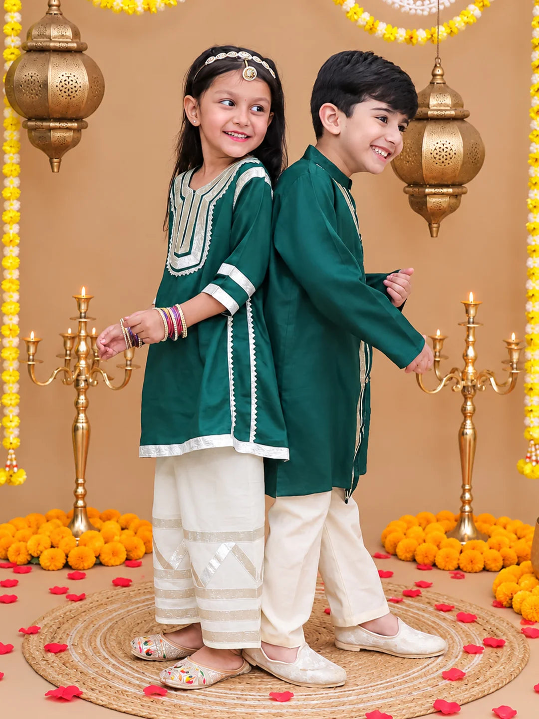 Bownbee Festive Cotton Kurta Pajama & Ethnic Suit Sibling Set