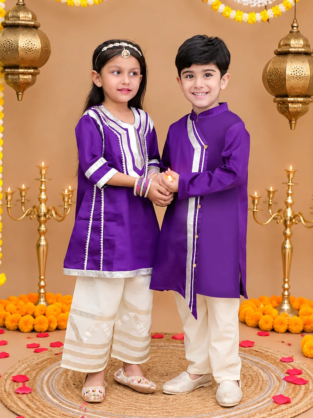Bownbee Festive Cotton Kurta Pajama & Ethnic Suit Sibling Set