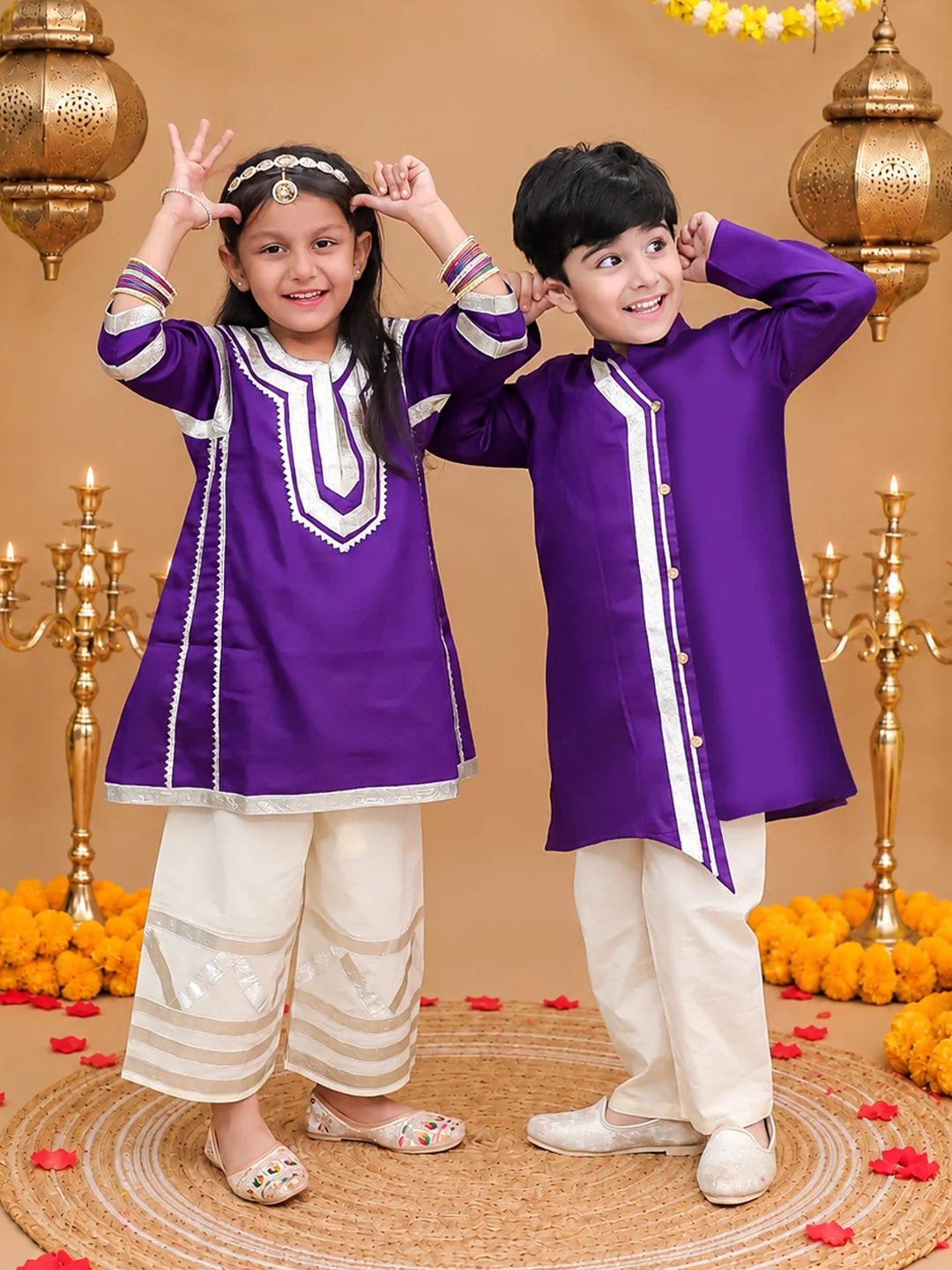 Bownbee Festive Cotton Kurta Pajama & Ethnic Suit Sibling Set