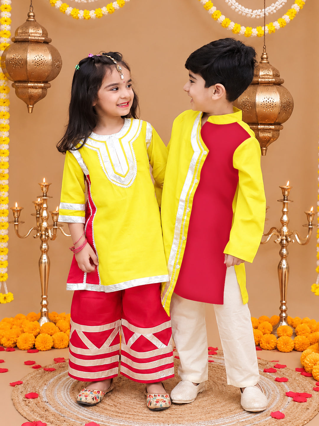 Bownbee Festive Cotton Kurta Pajama & Ethnic Suit Sibling Set