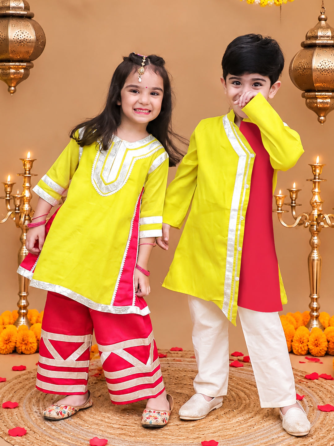 Bownbee Festive Cotton Kurta Pajama & Ethnic Suit Sibling Set