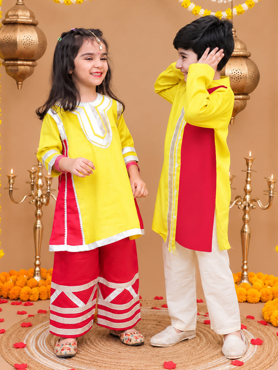 Bownbee Festive Cotton Kurta Pajama & Ethnic Suit Sibling Set