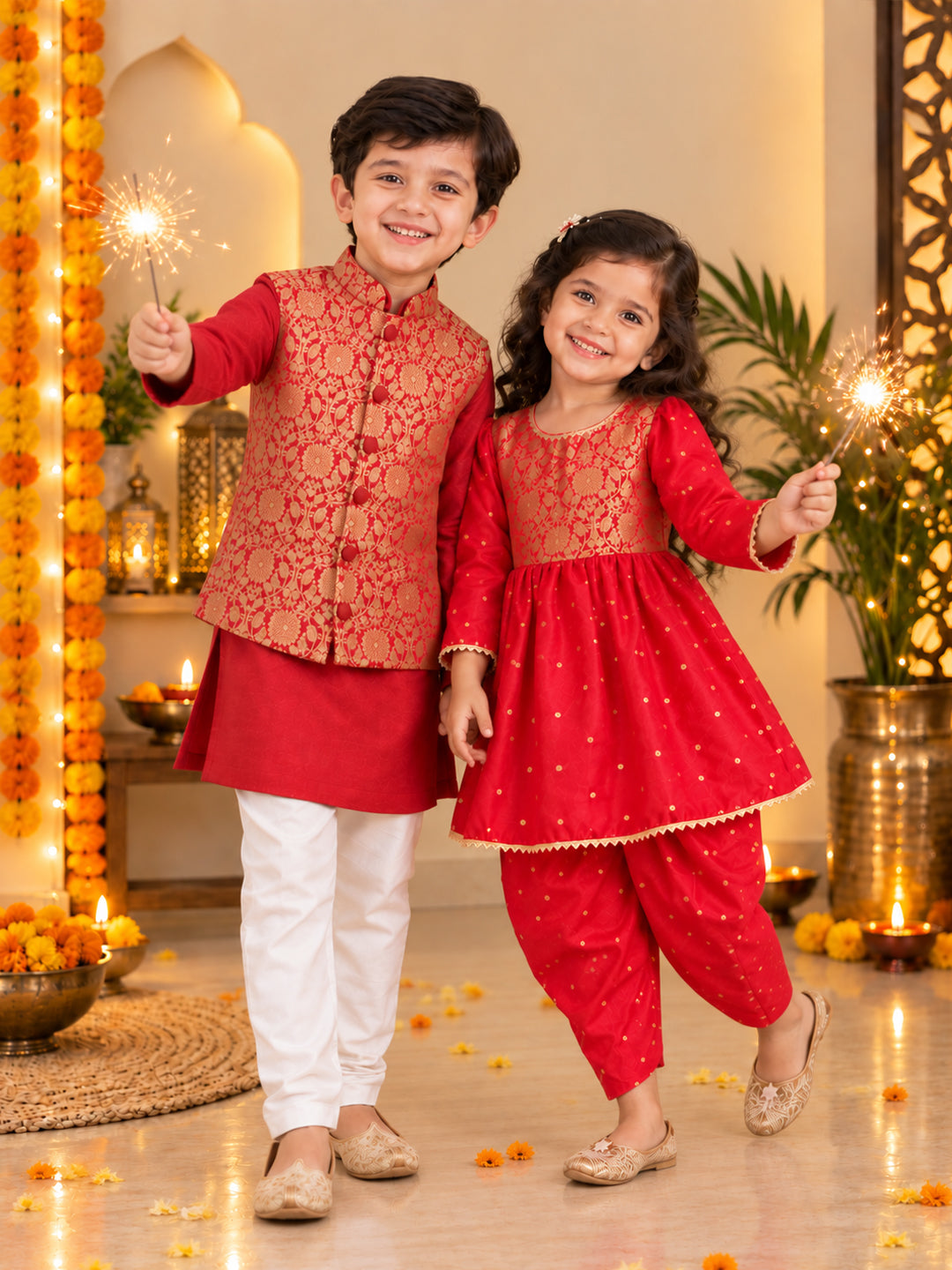 BownBee Festive Kurta Pajama With Jaquard Jacket & Ethnic Suit Sibling Set