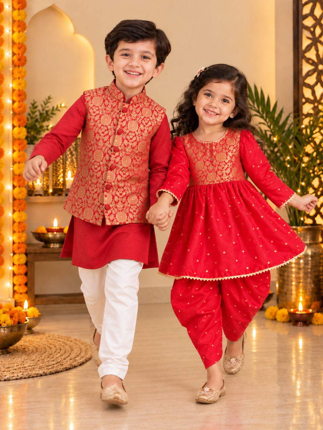 BownBee Festive Kurta Pajama With Jaquard Jacket & Ethnic Suit Sibling Set