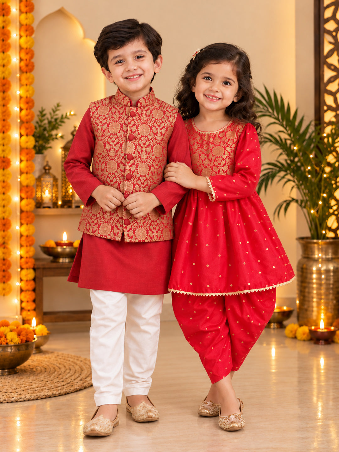 BownBee Festive Kurta Pajama With Jaquard Jacket & Ethnic Suit Sibling Set