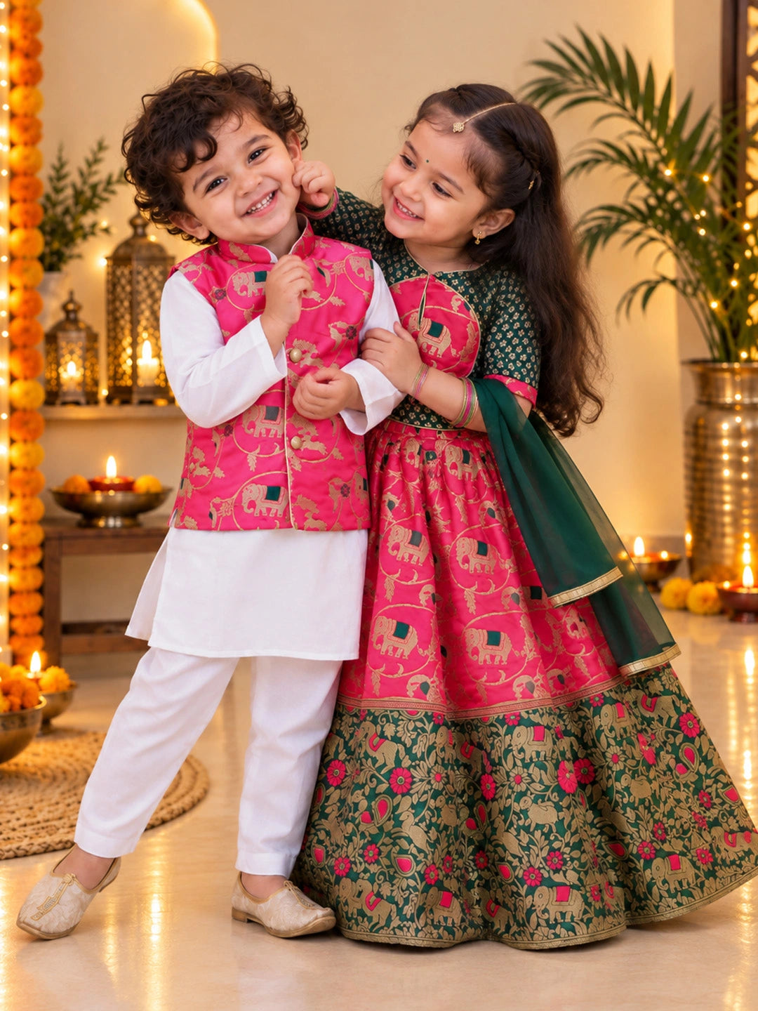 BownBee Pure Cotton Kurta Pajama with Jacquard Jacket & Lehenga Choli With Dupatta Sibling Set
