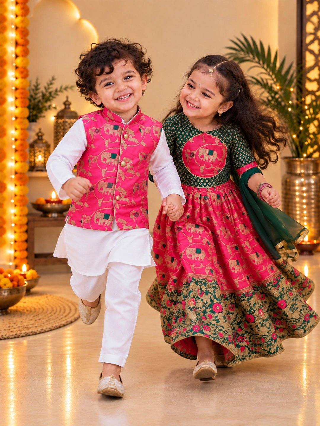 BownBee Pure Cotton Kurta Pajama with Jacquard Jacket & Lehenga Choli With Dupatta Sibling Set