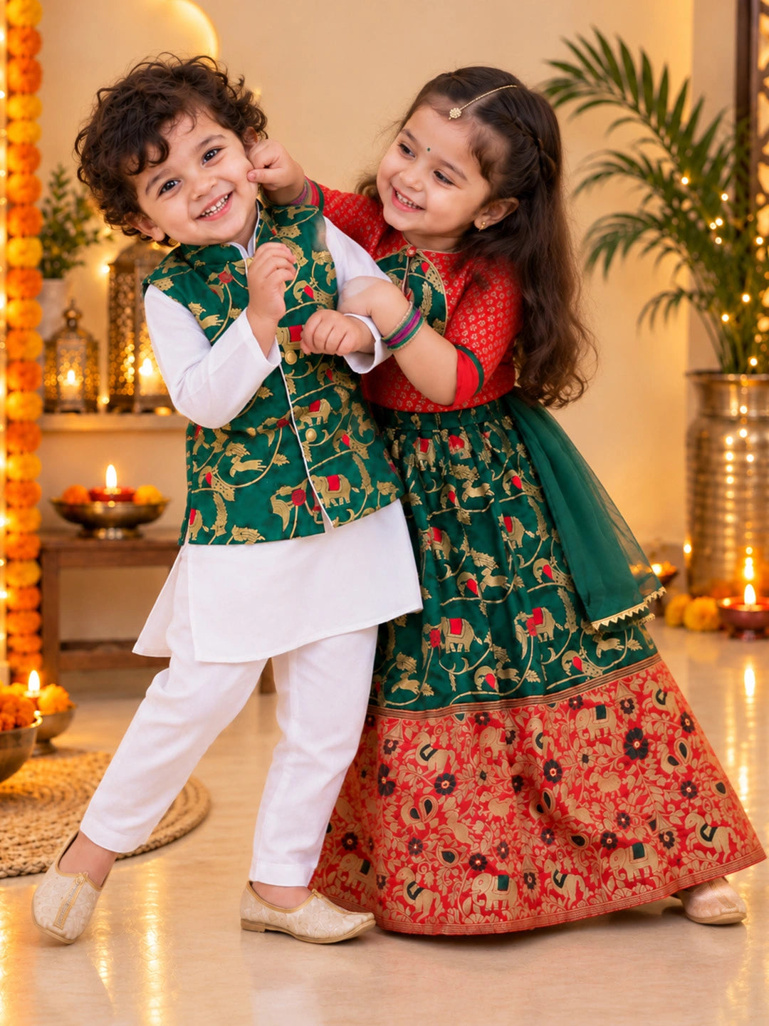 BownBee Pure Cotton Kurta Pajama with Jacquard Jacket & Lehenga Choli With Dupatta Sibling Set