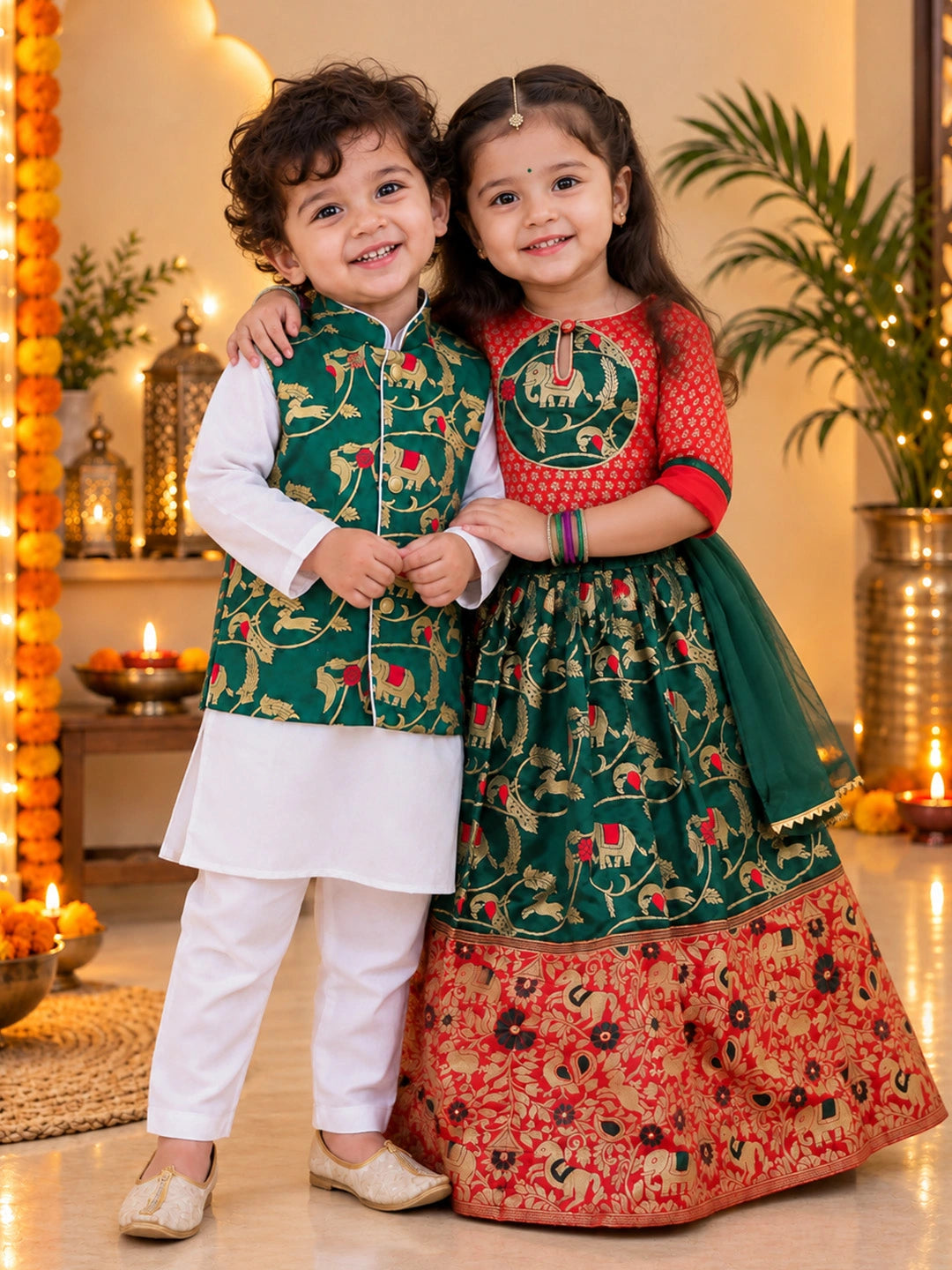 BownBee Pure Cotton Kurta Pajama with Jacquard Jacket & Lehenga Choli With Dupatta Sibling Set