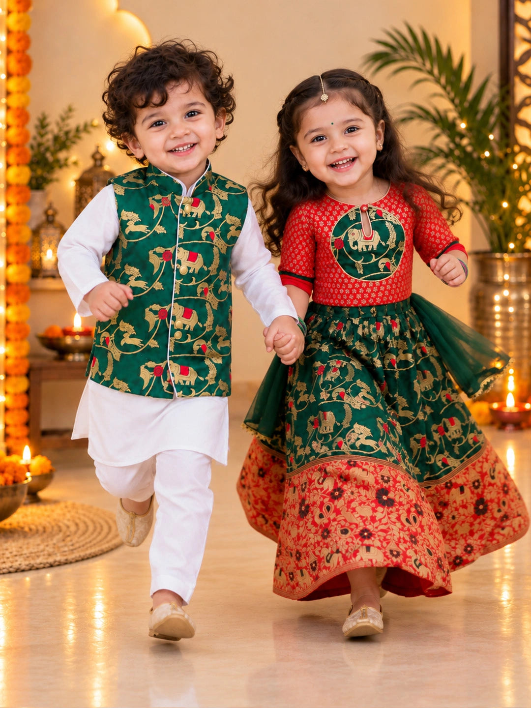 BownBee Pure Cotton Kurta Pajama with Jacquard Jacket & Lehenga Choli With Dupatta Sibling Set