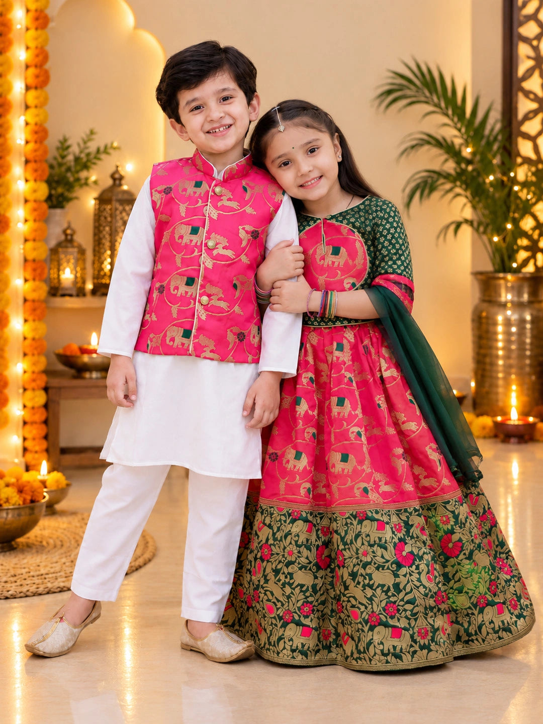BownBee Pure Cotton Kurta Pajama with Jacquard Jacket & Lehenga Choli With Dupatta Sibling Set
