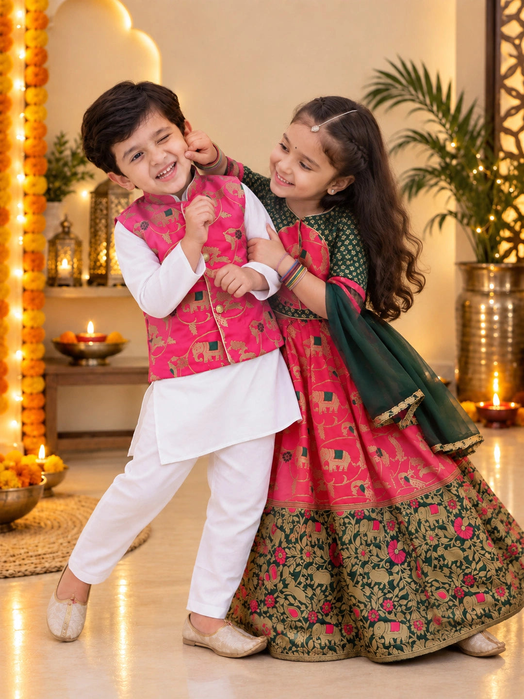 BownBee Pure Cotton Kurta Pajama with Jacquard Jacket & Lehenga Choli With Dupatta Sibling Set