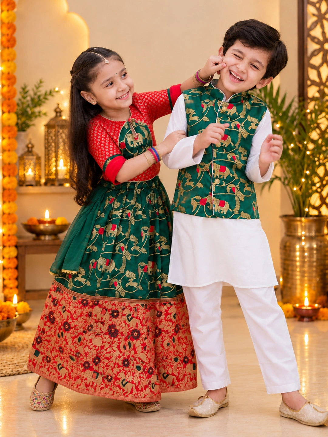 BownBee Pure Cotton Kurta Pajama with Jacquard Jacket & Lehenga Choli With Dupatta Sibling Set