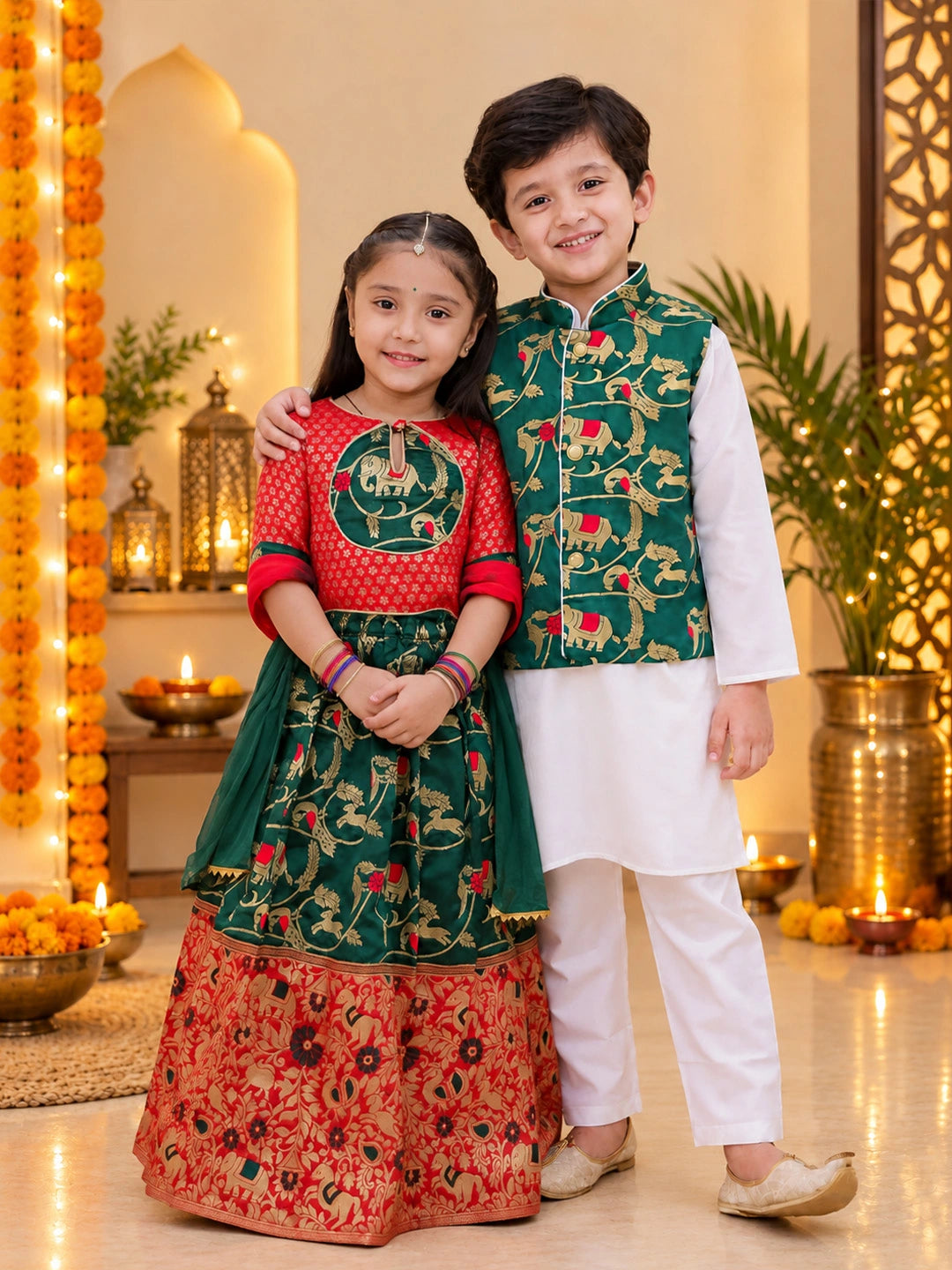 BownBee Pure Cotton Kurta Pajama with Jacquard Jacket & Lehenga Choli With Dupatta Sibling Set