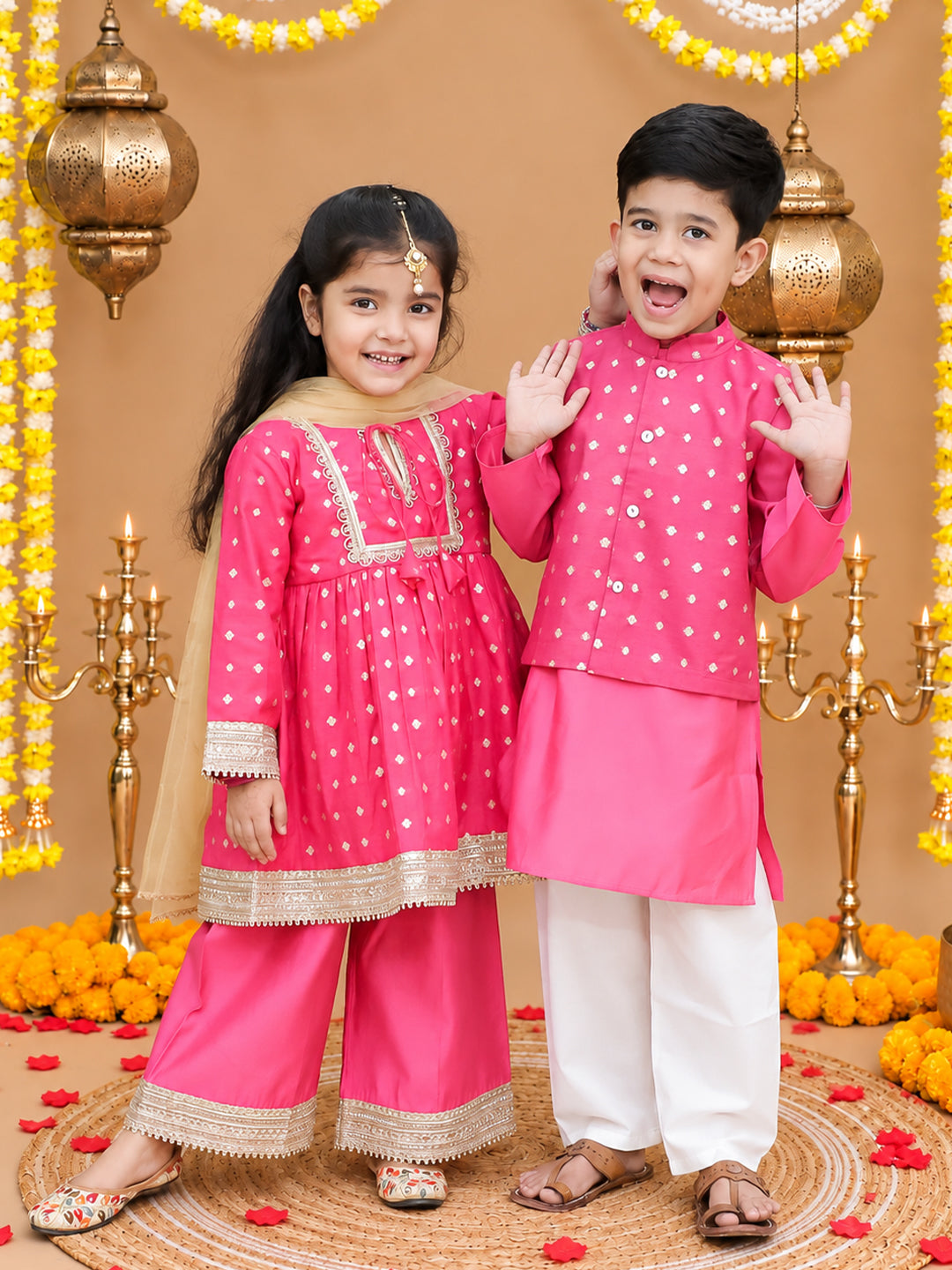BownBee Festive Chanderi Kurta Pajama & Ethnic Suit with Dupatta Sibling Set