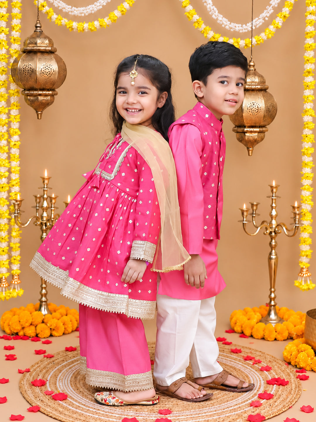 BownBee Festive Chanderi Kurta Pajama & Ethnic Suit with Dupatta Sibling Set