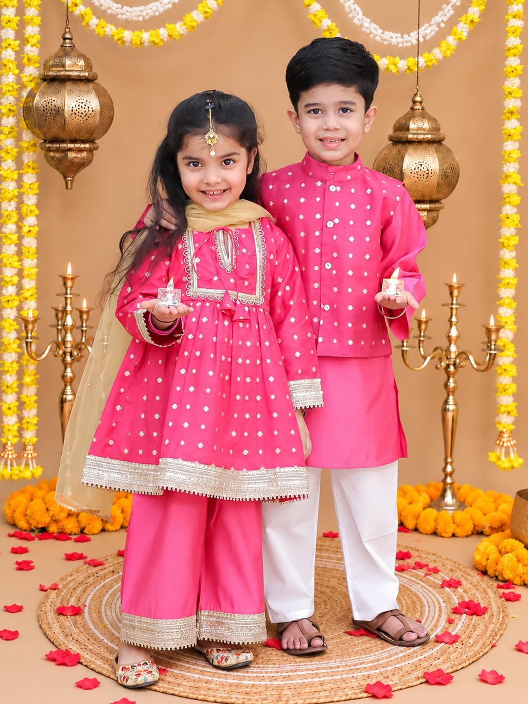 BownBee Festive Chanderi Kurta Pajama & Ethnic Suit with Dupatta Sibling Set