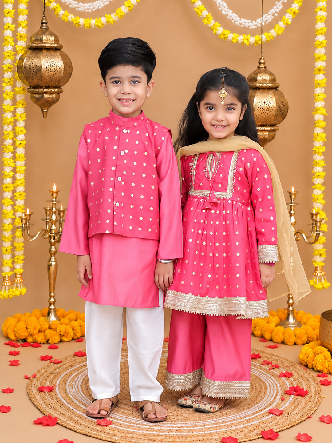 BownBee Festive Chanderi Kurta Pajama & Ethnic Suit with Dupatta Sibling Set