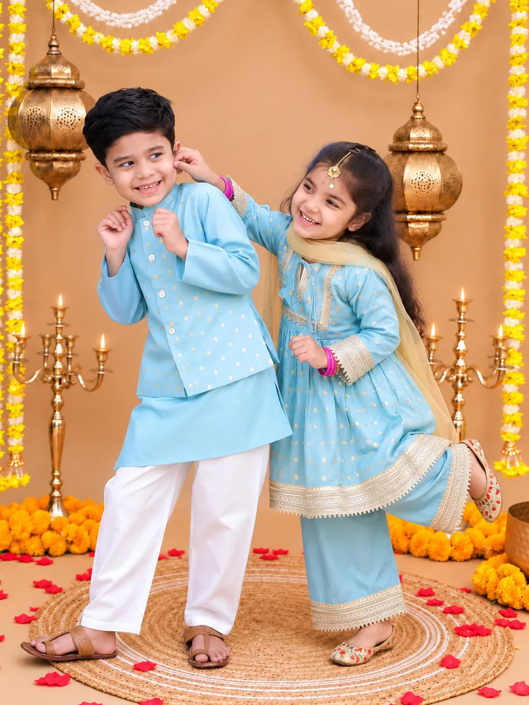 BownBee Festive Chanderi Kurta Pajama & Ethnic Suit with Dupatta Sibling Set