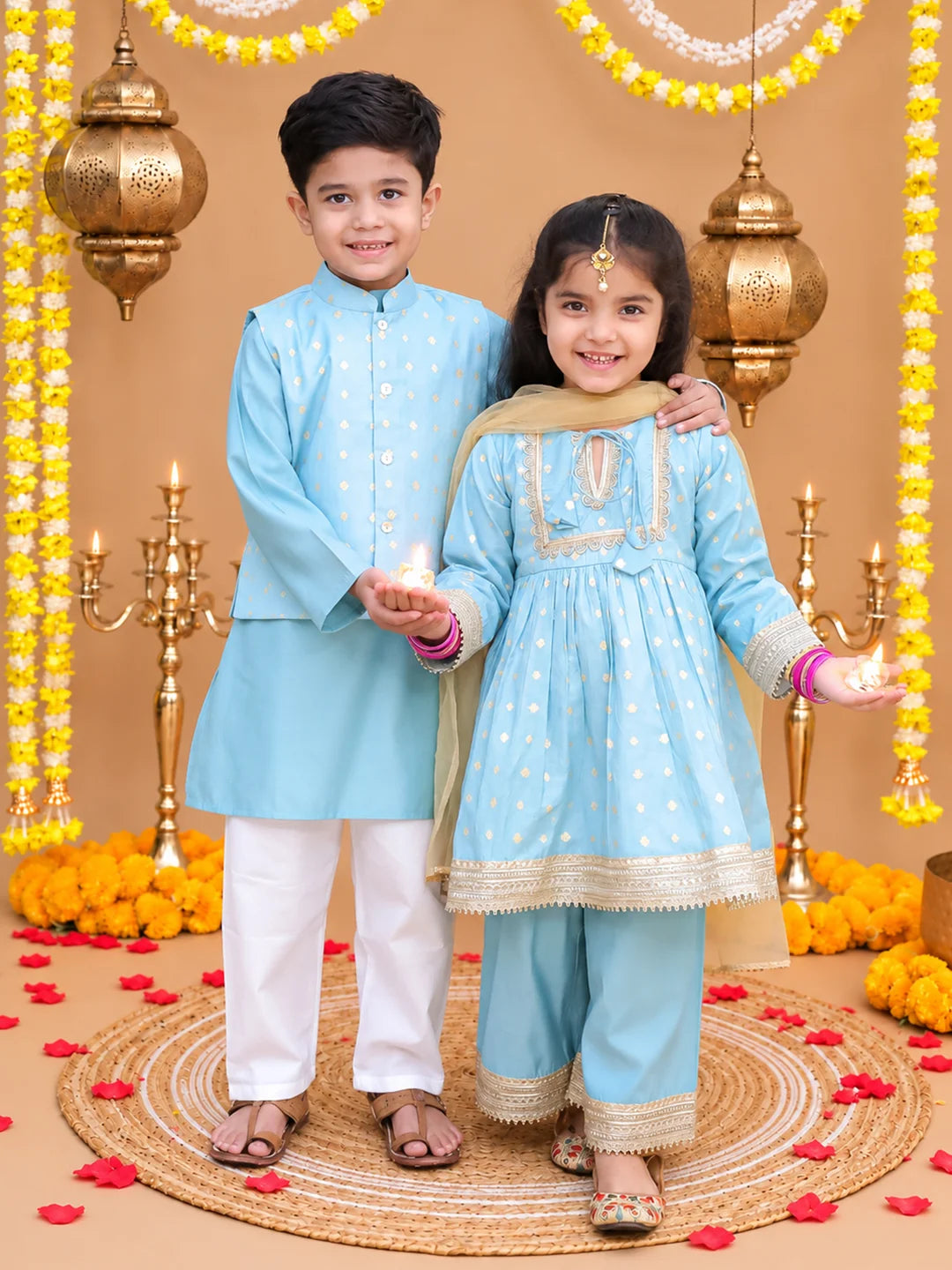 BownBee Festive Chanderi Kurta Pajama & Ethnic Suit with Dupatta Sibling Set