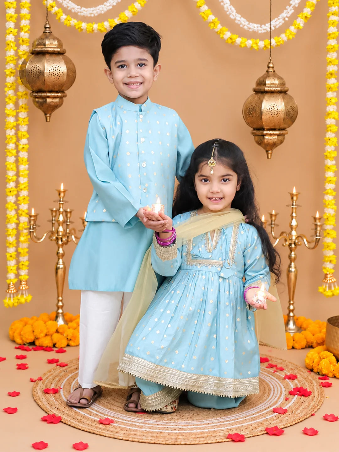 BownBee Festive Chanderi Kurta Pajama & Ethnic Suit with Dupatta Sibling Set