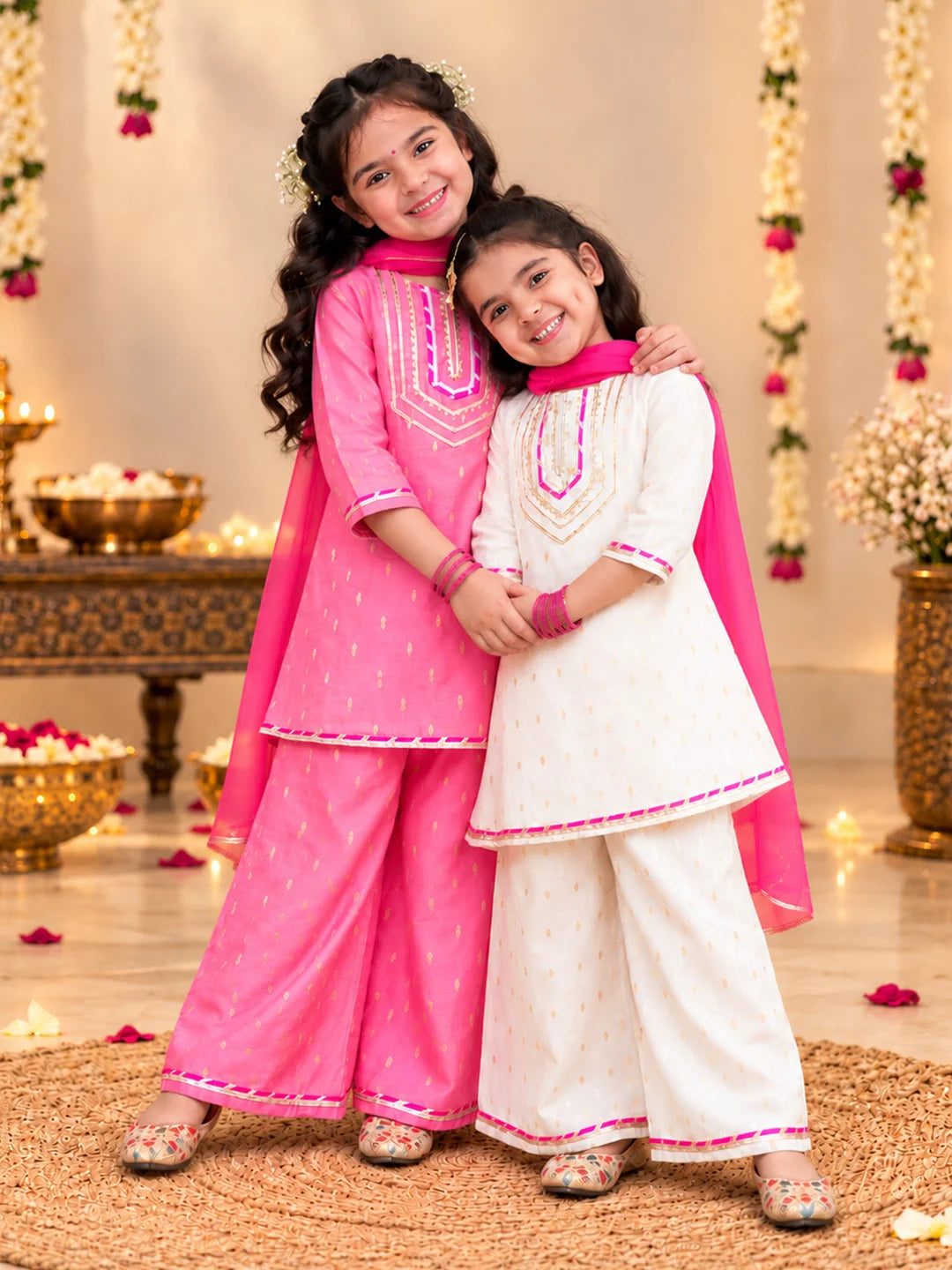Festive 3/4th Sleeves Chanderi Kurti Palazzo with Dupatta Sibling Set White & Pink Combo