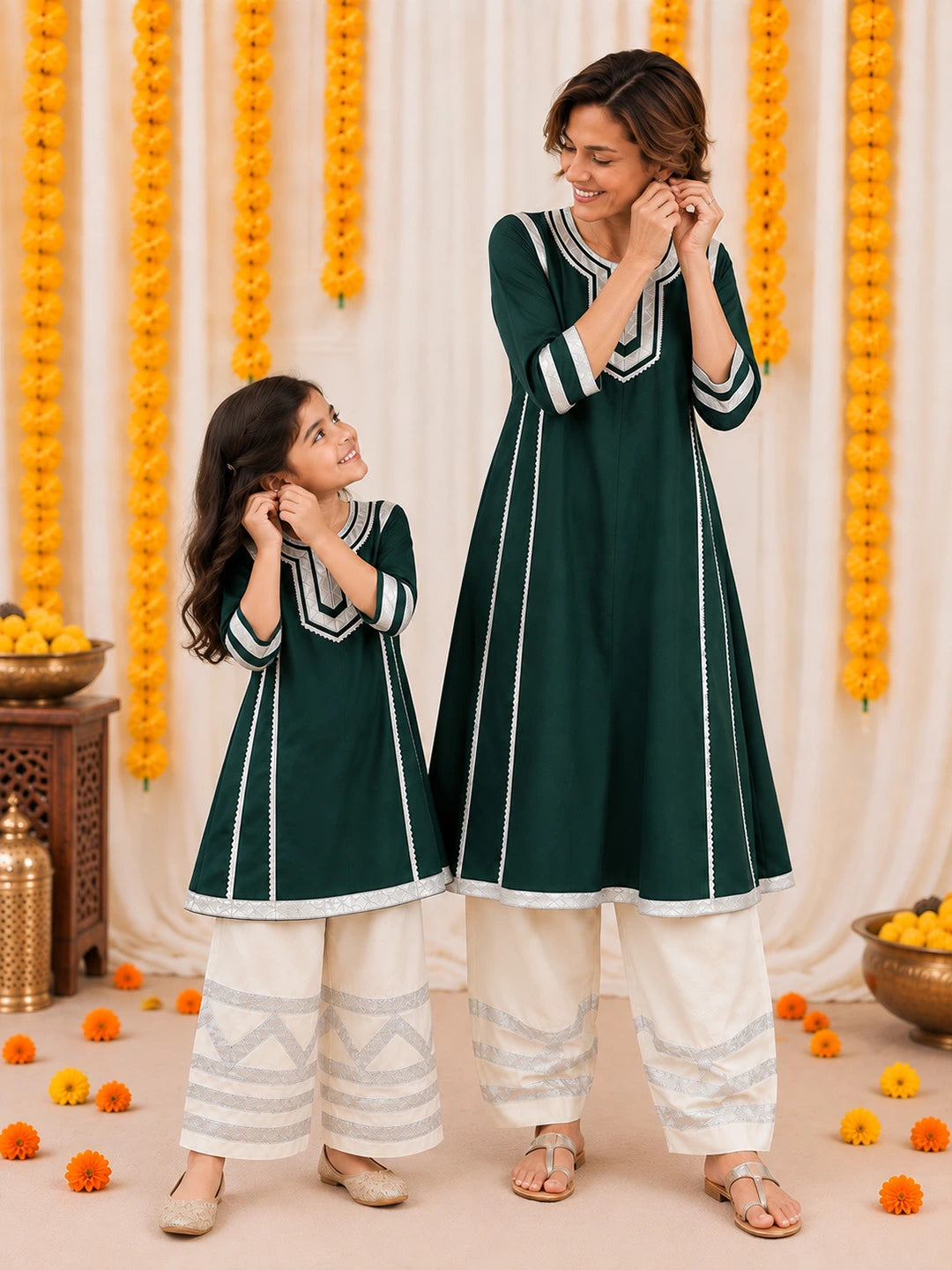 BownBee Mother And Daughter Festive Ethnic Suit Combo - Green