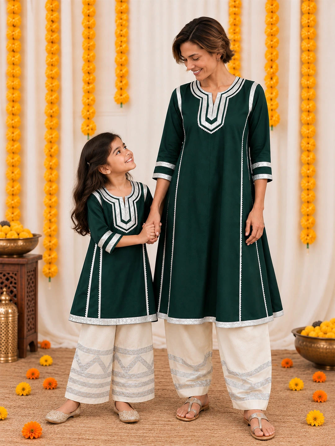 BownBee Mother And Daughter Festive Ethnic Suit Combo - Green