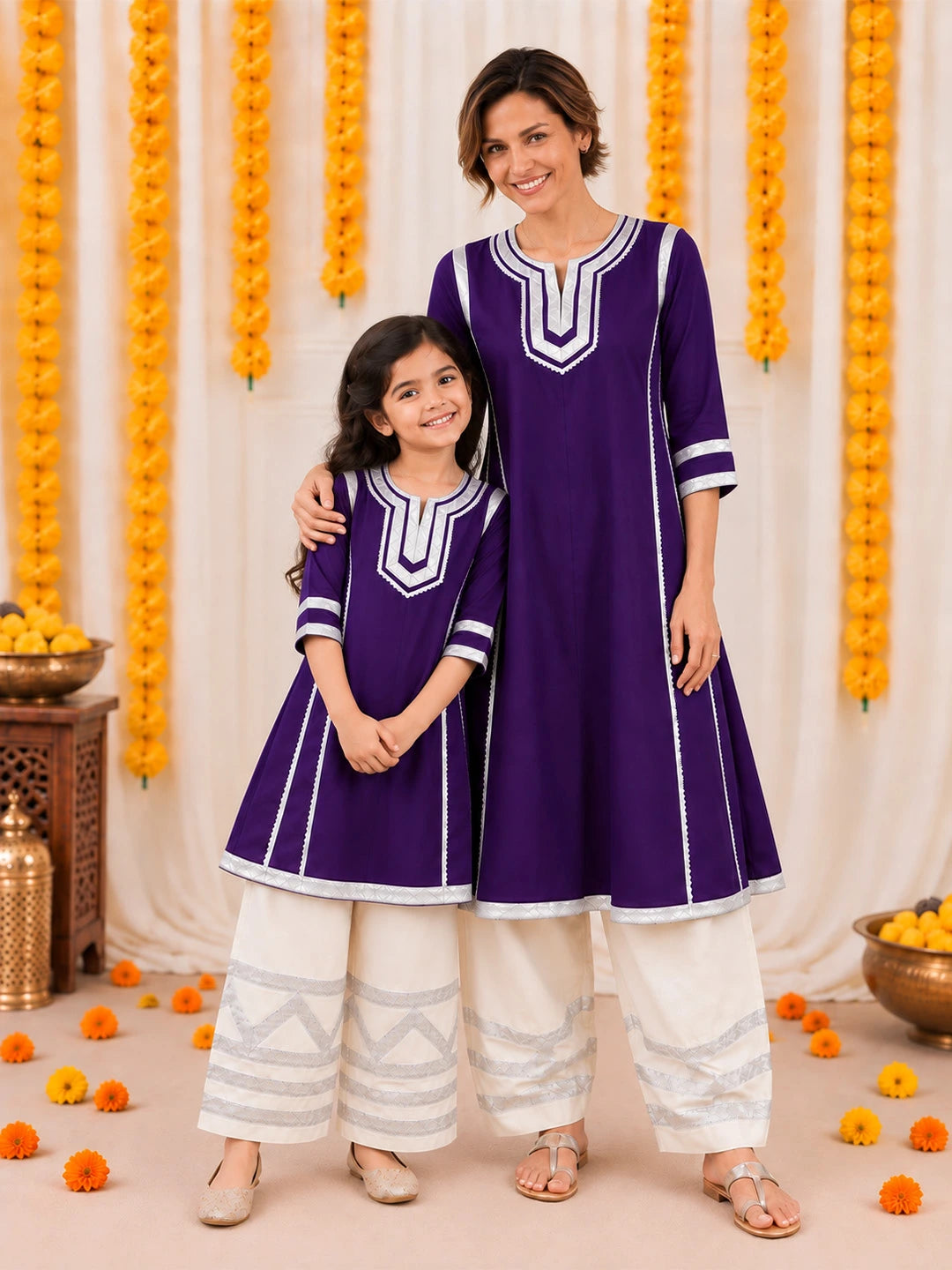 BownBee Mother And Daughter Festive Ethnic Suit Combo - Purple