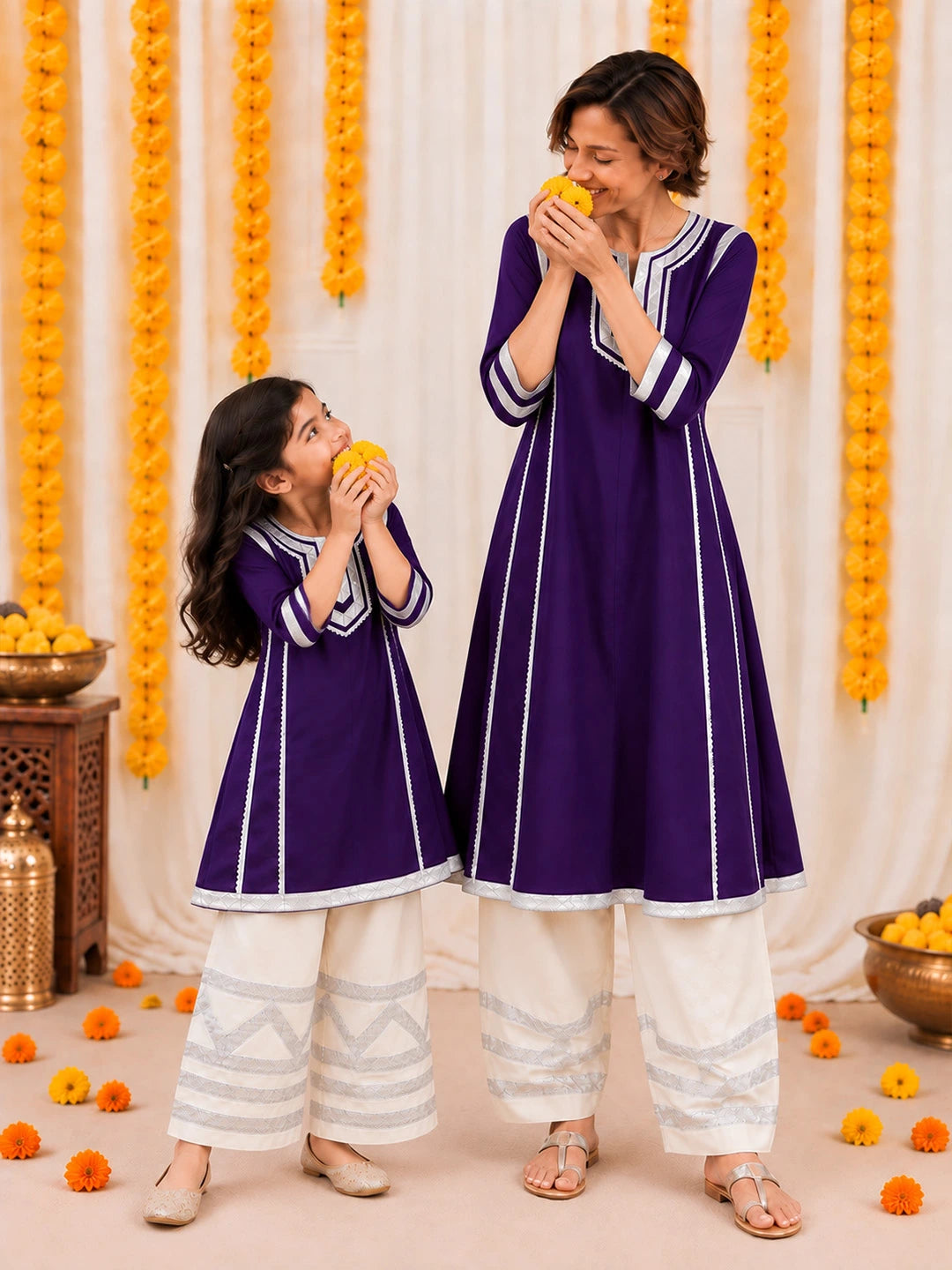 BownBee Mother And Daughter Festive Ethnic Suit Combo - Purple