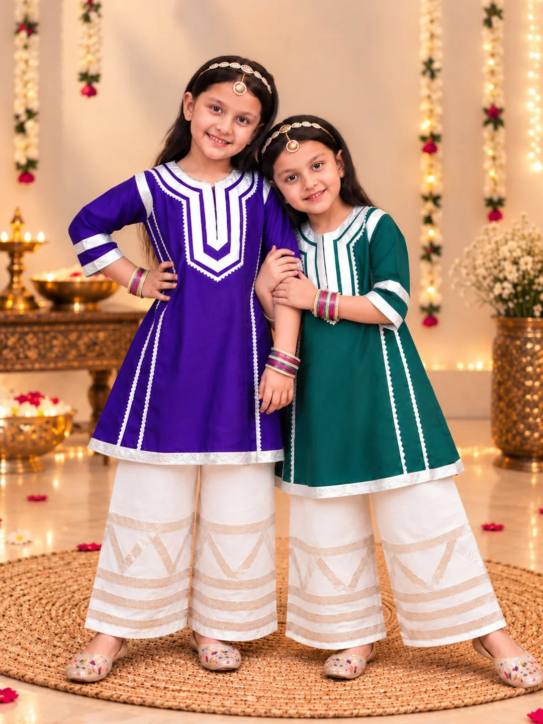 Festive 3/4th Sleeves Suit With Palazzo Sibling Set Green & Purple Combo