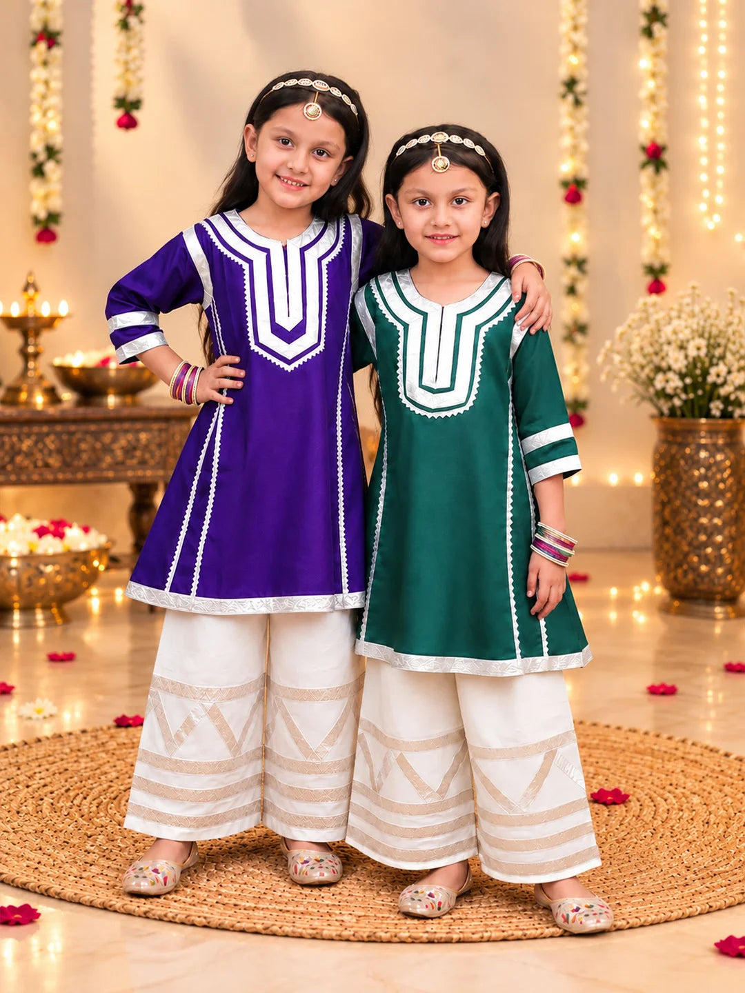 Festive 3/4th Sleeves Suit With Palazzo Sibling Set Green & Purple Combo
