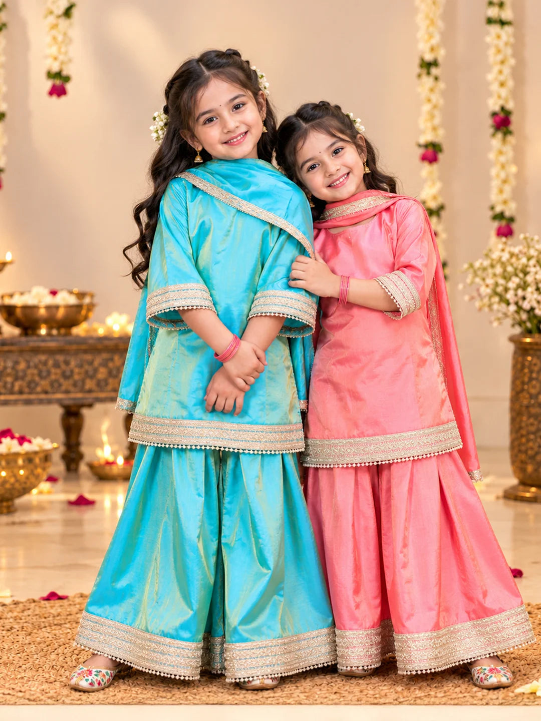 Two toned Festive 3/4th Bell Sleeves Kurti Sharara with Dupatta Sibling Set Pink & Blue Combo
