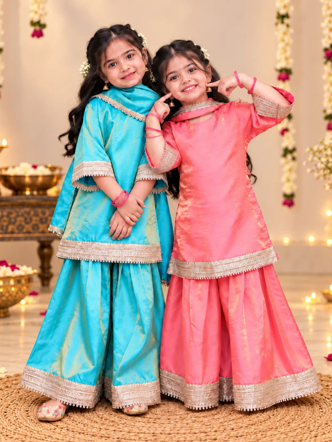 Two toned Festive 3/4th Bell Sleeves Kurti Sharara with Dupatta Sibling Set Pink & Blue Combo