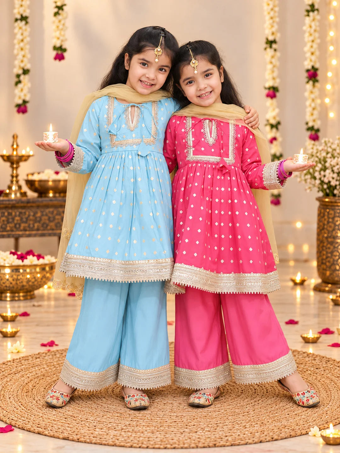 Festive Full Sleeves Chanderi Ethnic Suit With Dupatta Sibling Set Sky Blue & Pink Combo