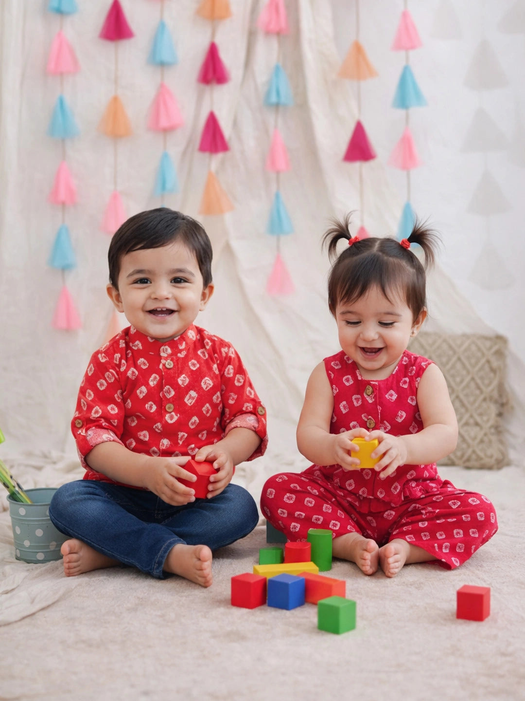 BownBee Pure Cotton Bandhani Print Short Kurta & Crop top With Palazzo For Infants - Yellow